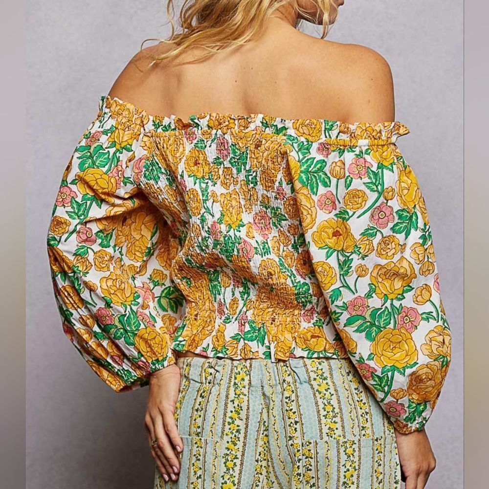 POL Women's Casual Smocked Floral Off-Shoulder Puff Sleeve Top in Yellow sz Smal - Picture 4 of 8